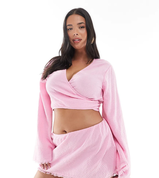  Asos Design Curve Callie Cheesecloth Frayed Wrap Front Beach Shirt In Pink 