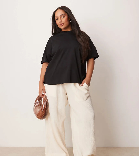 Asos Design Curve Cheesecloth Pull On Trousers With Raw Edge In Buttermilk White 