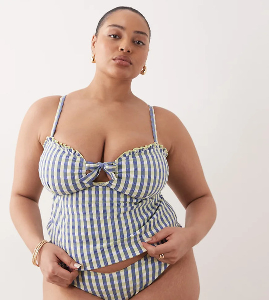  Asos Design Curve Cheri Check High Leg Bikini Bottom In Lime Check Multi 