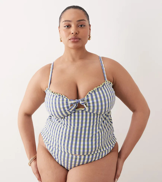  Asos Design Curve Cheri Check Tankini Bikini Top In Lime Check Multi 