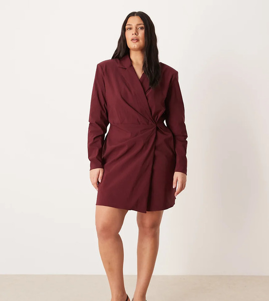  Asos Design Curve Cinched Blazer Mini Dress In Deep Burgundy Red 