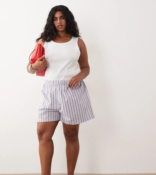  Asos Design Curve Co Ord Boxer Short In Blue Stripe Multi 