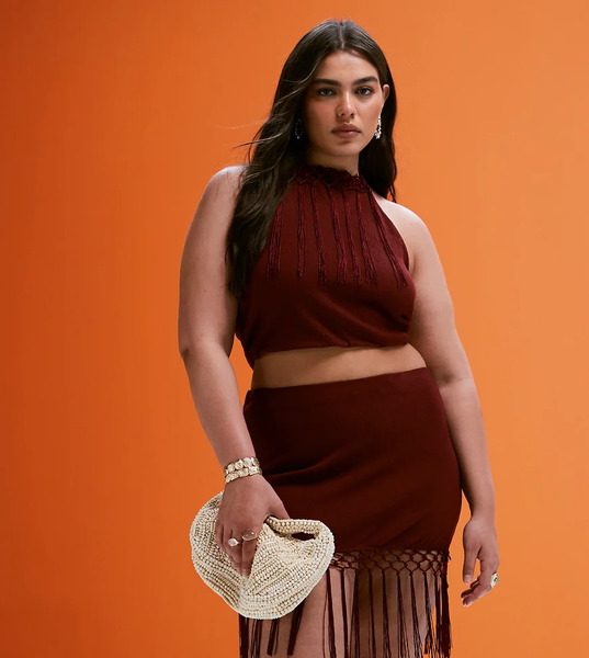  Asos Design Curve Co Ord Fringed Halter Neck Top In Rust Red 
