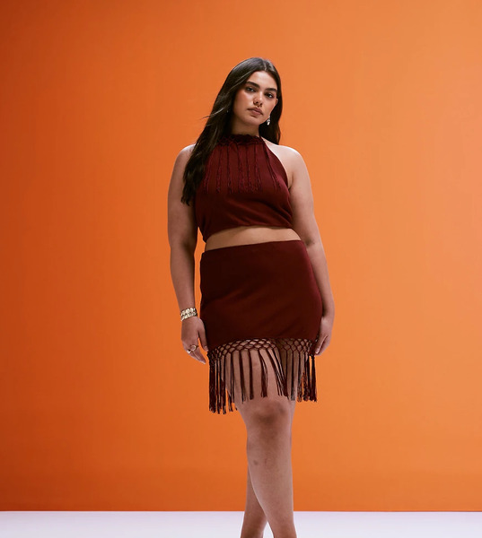  Asos Design Curve Co Ord Fringed Hem Mini Skirt In Rust Red 