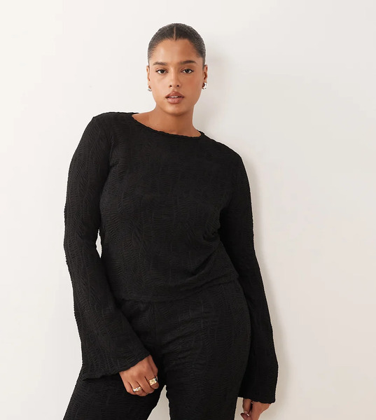  Asos Design Curve Co Ord Textured Flared Long Sleeve Top In Black 