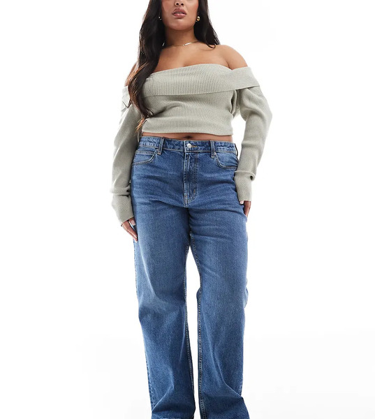  Asos Design Curve Comfort Stretch Straight Leg Jeans In Authentic Mid Blue 