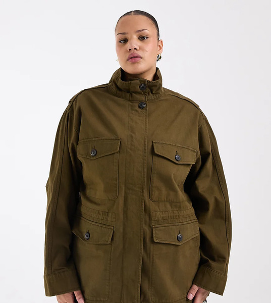  Asos Design Curve Cotton Four Pocket Parka Jacket In Khaki Green 