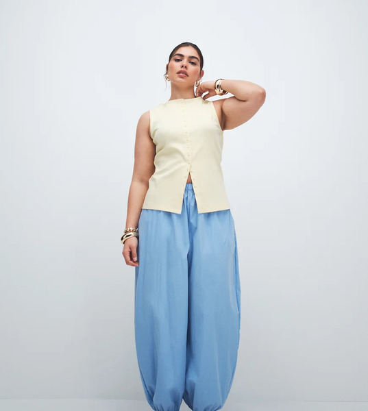  Asos Design Curve Cotton Nylon Blend Pull On Balloon Trousers In Blue 