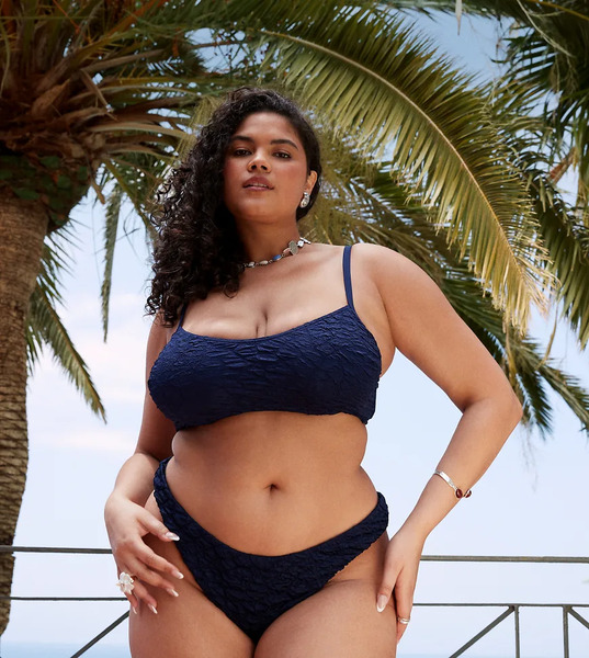  Asos Design Curve Courtney Textured Florida Bikini Bottom In Navy 