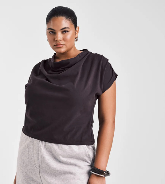  Asos Design Curve Cowl Drape Detail Tee In Chocolate Brown 