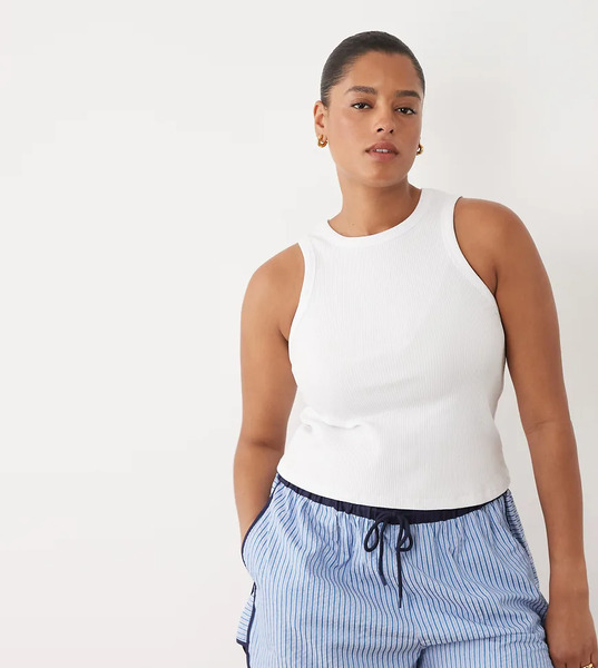 Asos Design Curve Crinkle Tipped Pull On Shorts With Tie In Blue Stripe 