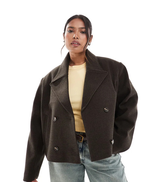  Asos Design Curve Cropped Formal Pea Coat In Chocolate Brown 