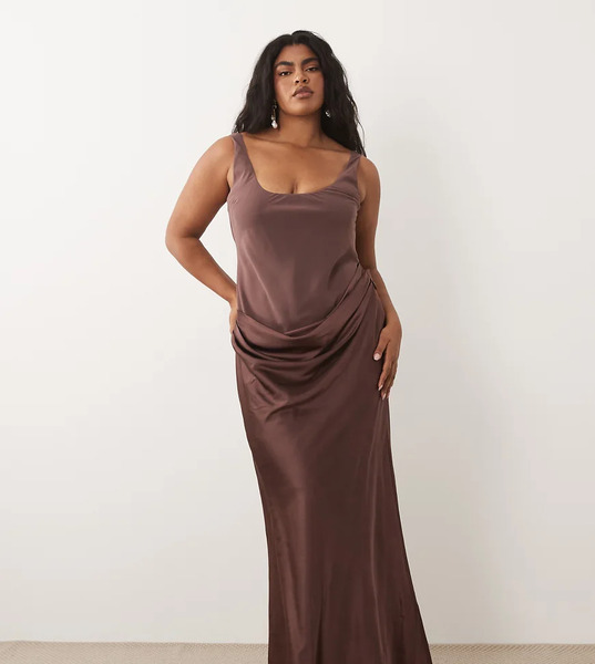  Asos Design Curve Deep Scoop Neck Maxi Dress With Asymmetric Draped Skirt Overlay In Chocolate Brown 