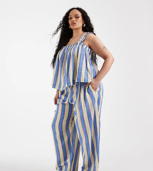  Asos Design Curve Delilah Beach Cheesecloth Trouser In Blue Stripe Multi 