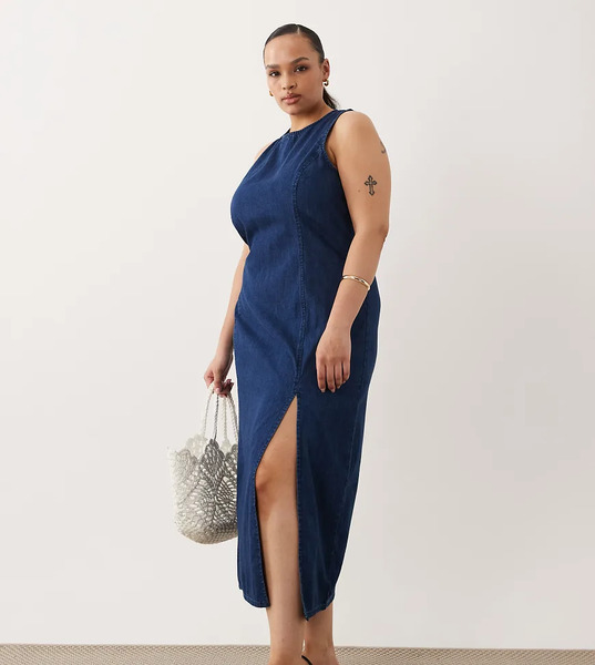  Asos Design Curve Denim Fitted Midi Dress In Rich Mid Blue 