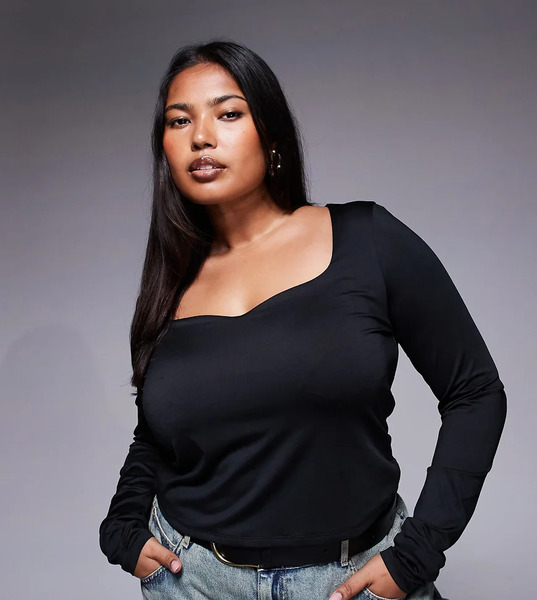 Asos Design Curve Double Layer Long Sleeve Curved Scoop Neck Top In Black 