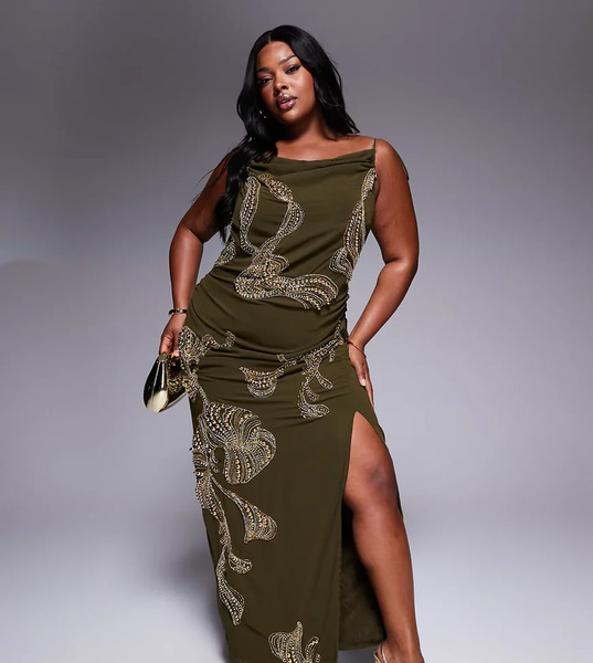  Asos Design Curve Draped Skirt Overlay Maxi Dress With Dropped Waist And Embellishment In Khaki Green 