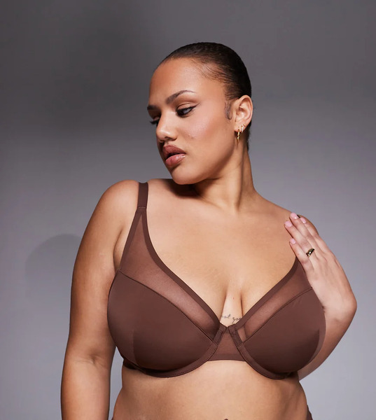  Asos Design Curve Ella Moulded Microfibre Demi Pad Underwired Bra With Mesh Detail In Chocolate Brown 
