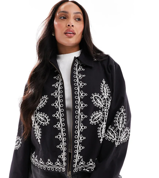  Asos Design Curve Embroidered Top Collar Jacket In Black 