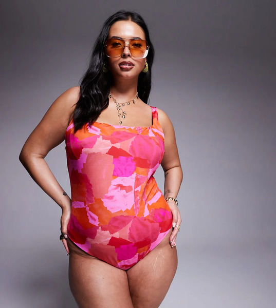  Asos Design Curve Exclusive Arina Ultimate Revenge Sculpting Square Neck Swimsuit In Pink & Red Abstract Print Multi 