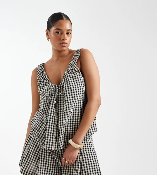 Asos Design Curve Exclusive Button Front Tie Neckline Cami In Gingham Multi 