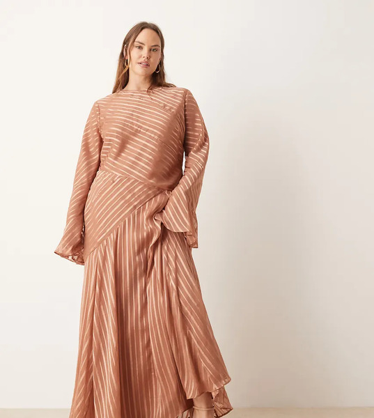  Asos Design Curve Flare Sleeve Maxi Dress In Rust Stripe Multi 