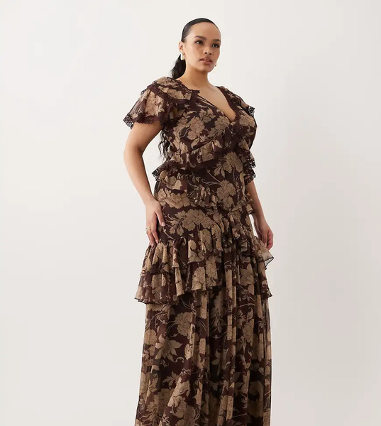  Asos Design Curve Full Hem Ruffle Maxi Dress With Lace Trim Detail And Open Back In Brown Floral Multi 