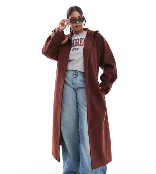  Asos Design Curve Funnel Neck Longline Formal Trench Coat In Rust Brown 