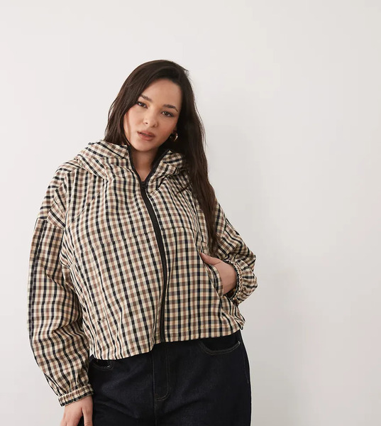  Asos Design Curve Hooded Bubble Hem Bomber Jacket In Stone Multi Check Neutral 