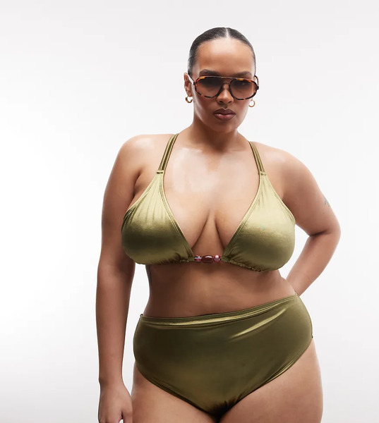  Asos Design Curve Keira High Shine High Apex Triangle Bikini Top With Strappy Back And Bead Detail In Olive Green 