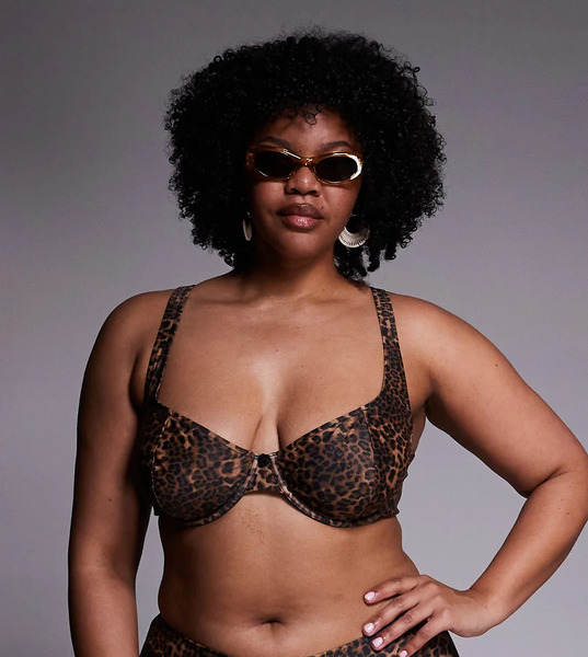  Asos Design Curve Kitty Underwired Bikini Top In Leopard Brown 