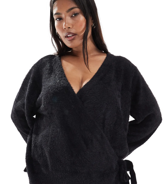  Asos Design Curve Knitted Eyelash Wrap Cardigan In Black 