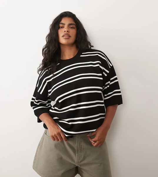  Asos Design Curve Knitted Stripe Compact Structured Oversized T Shirt In Black & White 