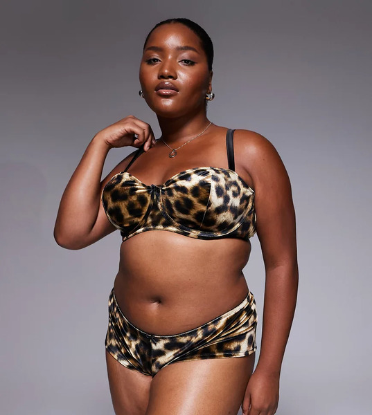  Asos Design Curve Kora Leopard Velvet Underwired Balcony Bra In Brown 