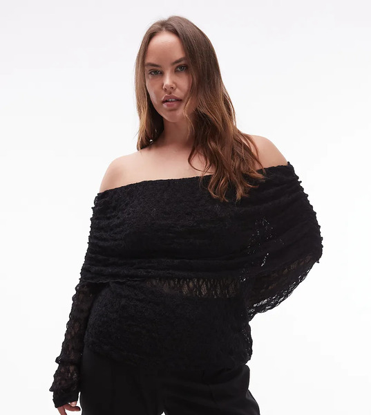  Asos Design Curve Lace Fold Over Off Shoulder Top In Black 