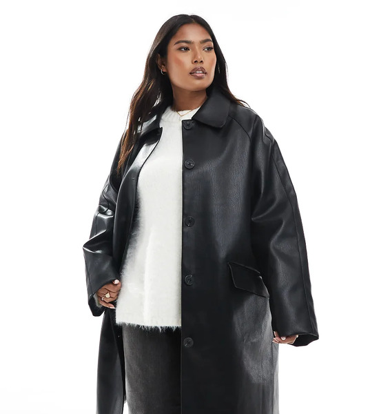  Asos Design Curve Leather Look Car Coat In Black 