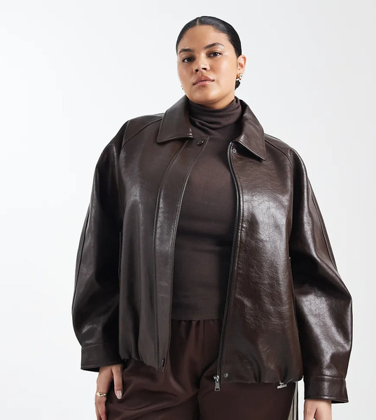  Asos Design Curve Leather Look Oversized Bomber Jacket In Chocolate Brown 