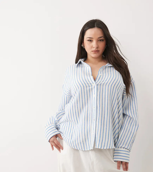  Asos Design Curve Linen Blend Shirt In Blue Stripe Multi 