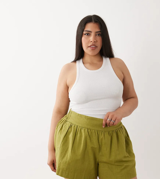  Asos Design Curve Linen Look Pull On Shorts In Olive Green 