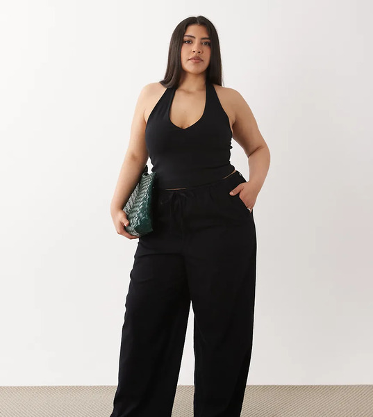  Asos Design Curve Linen Look Pull On Trousers In Black 