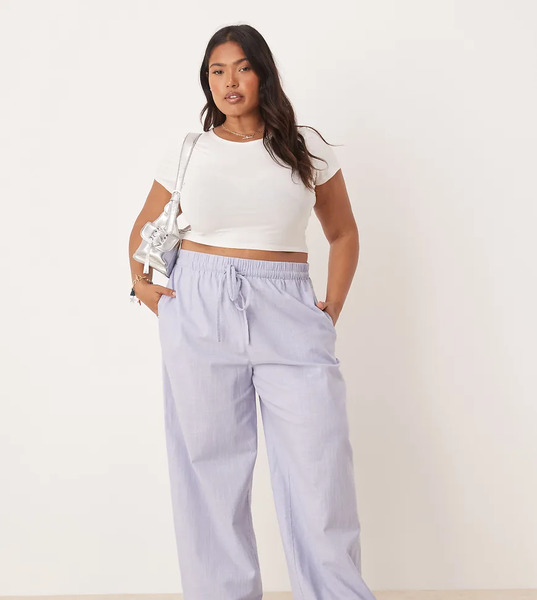  Asos Design Curve Linen Look Pull On Trousers In Blue 