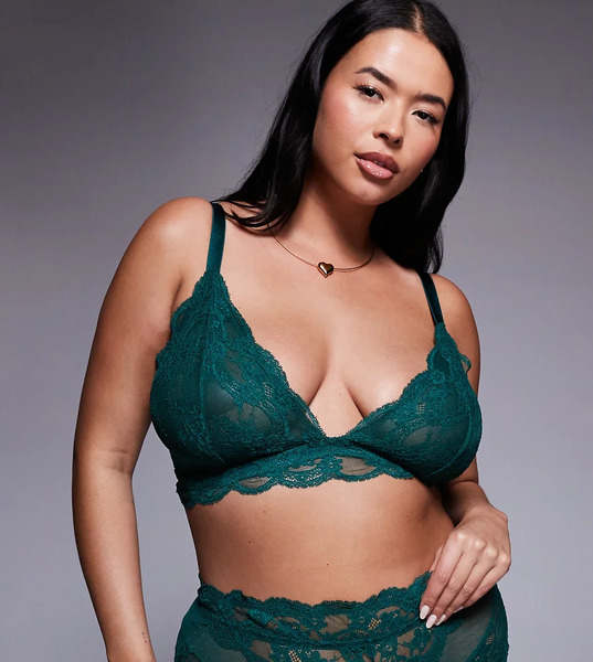  Asos Design Curve Lola Lace Longline Bralette In Forest Green 