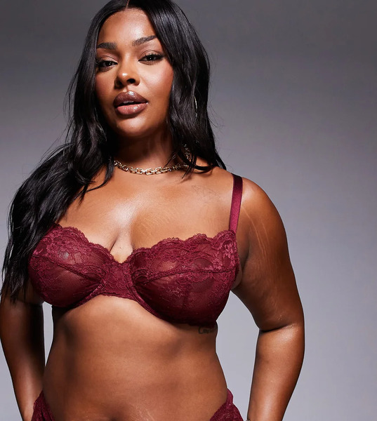  Asos Design Curve Lola Lace Underwired Bra In Burgundy 