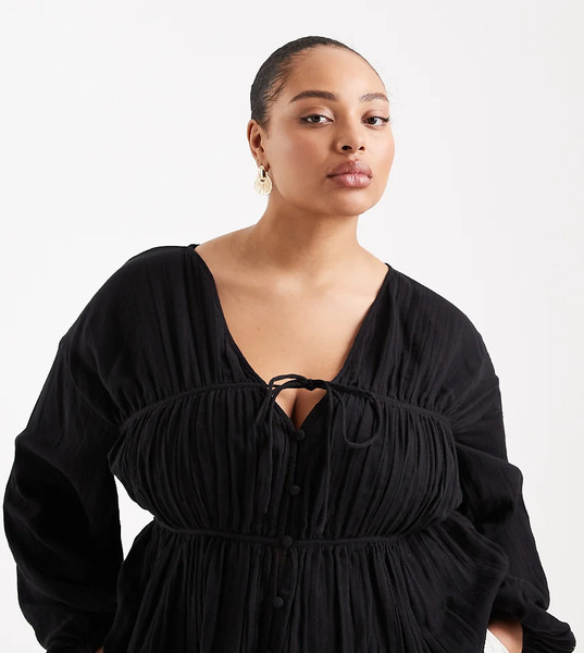  Asos Design Curve Long Sleeve Smock Top With Button Front In Black 