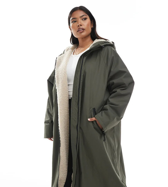  Asos Design Curve Longline Fleece Lined Rain Coat In Olive Brown 