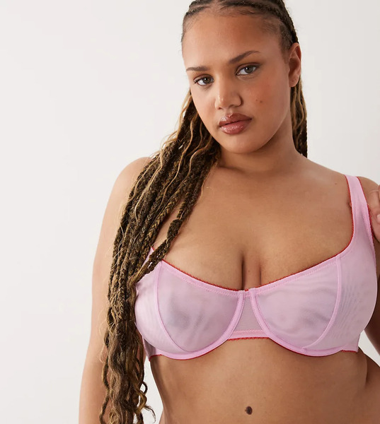  Asos Design Curve Marley Sheer Mesh High Apex Balcony Underwire Bra With Picot Trim In Lilac & Red Yellow 