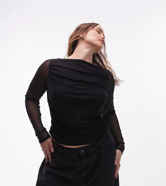  Asos Design Curve Mesh Drape Boat Neck Long Sleeve Top In Black 