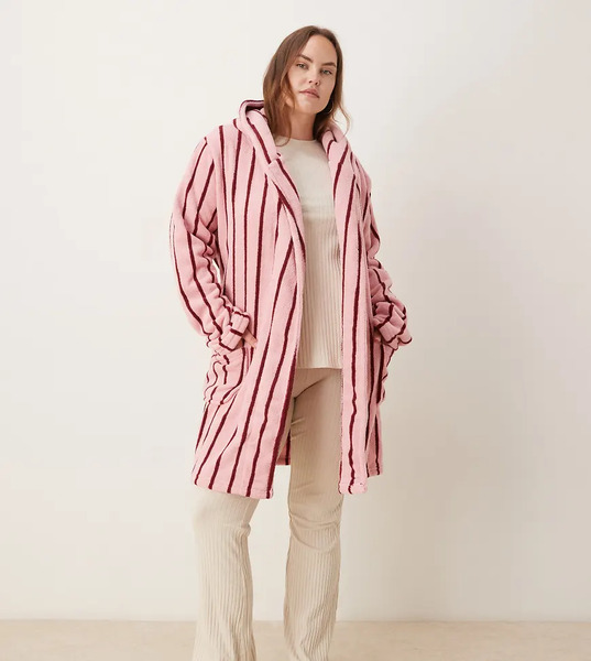  Asos Design Curve Microfleece Mini Robe In Stripe Print Multi 