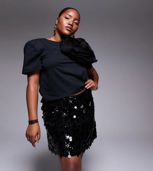  Asos Design Curve Mixed Sequin Mini Skirt In Black 