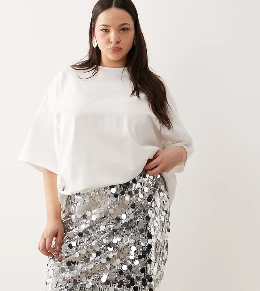  Asos Design Curve Mixed Sequin Mini Skirt In Silver 
